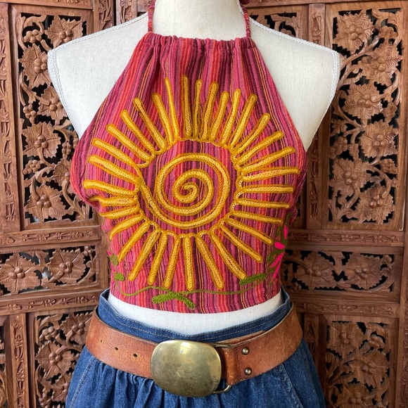 Tops - Vintage Coachella Embroidered Striped Red Halter Crop Top Sun & Floral Motif